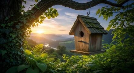 Rustic wooden birdhouse hanging from a mossy tree branch with lush green foliage overlooking a serene mountain valley at sunset