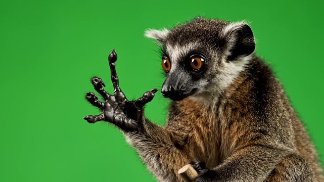 A close-up shot of a brown lemur with big eyes and a black face, holding up its hand against a vibrant green screen background.
