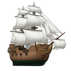Naklejka premium Vintage Wooden Sailing Ship 3D Pirate Boat Isolated on Transparent Background