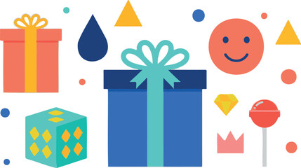 Colorful Modern Gift Box Illustration with Geometric Shapes and Cute Icons