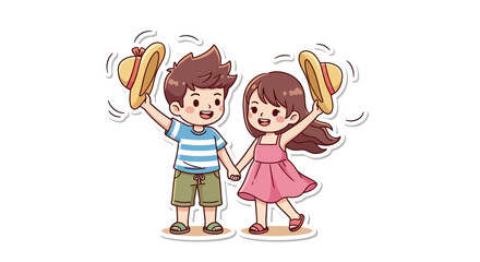 Cute Cartoon Couple Holding Hats Up in Celebration of a Happy Occasion