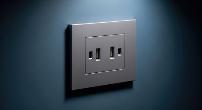 A close-up of a modern wall outlet with USB ports, set against a dark blue surface