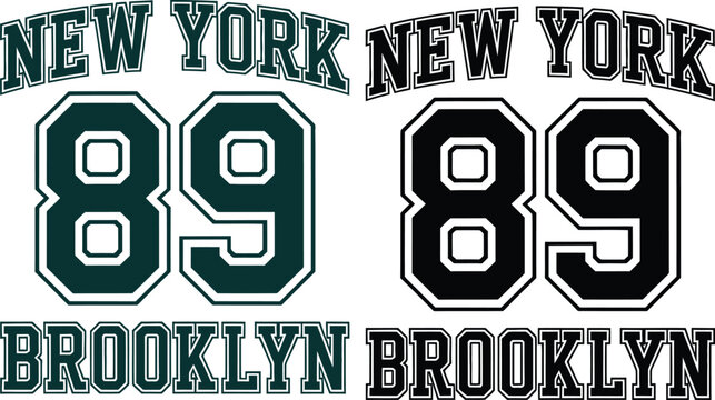 Arched New York Brooklyn 89 Varsity Typography Set Featuring Collegiate Block Lettering and Athletic Style Numbers for Sportswear and Apparel Design