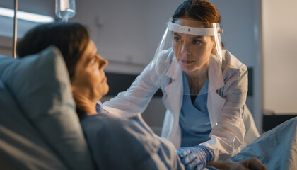 Fototapeta premium A healthcare worker in protective gear attending to a patient in a hospital bed.