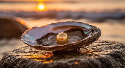 Obraz premium A lustrous pearl rests inside an iridescent oyster shell on a rock near the ocean at sunset