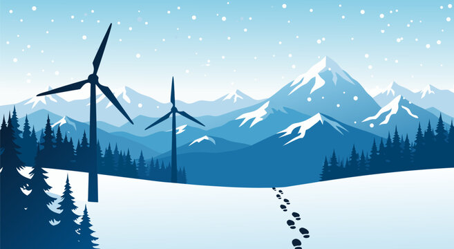 Winter landscape with wind turbines illustration vector art, showing a snowy mountain range and footprints in the snow