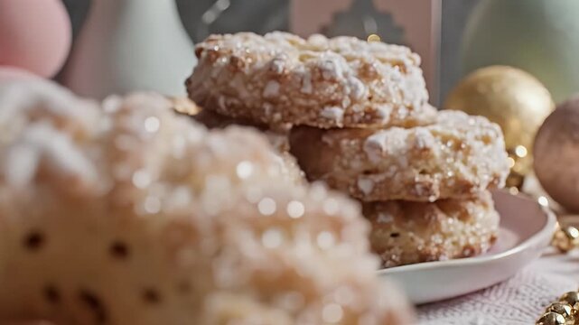 Close-up of a festive, sugary baked good. Details show frosted exterior and crystallized sugar, with blurry background
