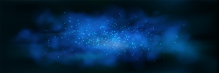 Obraz premium A dark blue cloud bg with sparkling stars. A vector illustration with gradient mesh and overlay effects. Mystic smog or mysterious mist. Vapor with white sparks.