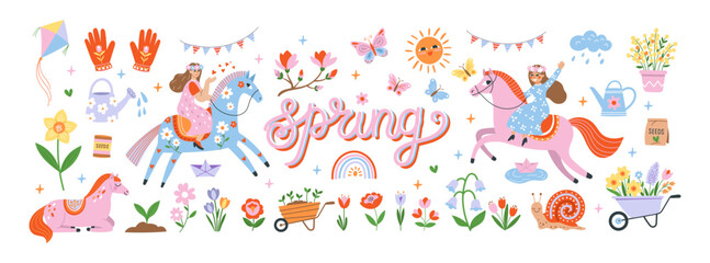 Spring illustration with girls riding horses, flowers, gardening elements and cute seasonal icons. Colorful hand drawn vector set for spring celebration, nature, gardening and children design. © Tasha