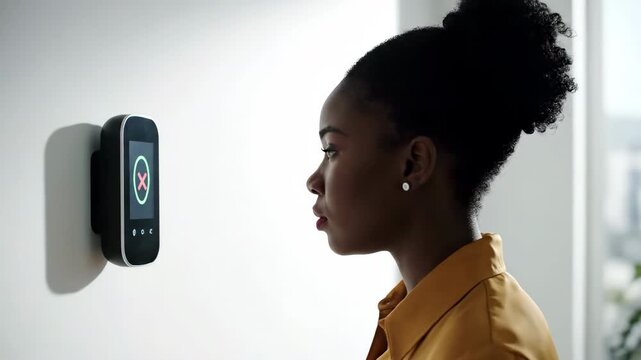 A young woman in a yellow shirt faces a biometric scanner on a white wall in a contemporary office, with a city skyline visible through a window.