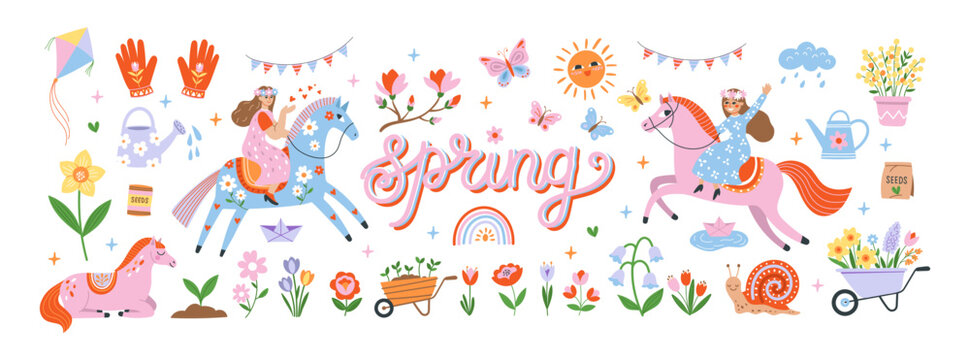 Spring illustration with girls riding horses, flowers, gardening elements and cute seasonal icons. Colorful hand drawn vector set for spring celebration, nature, gardening and children design.