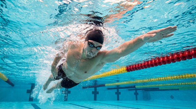 Professional Male Swimmer Performing Freestyle Stroke Underwater in Competition Pool