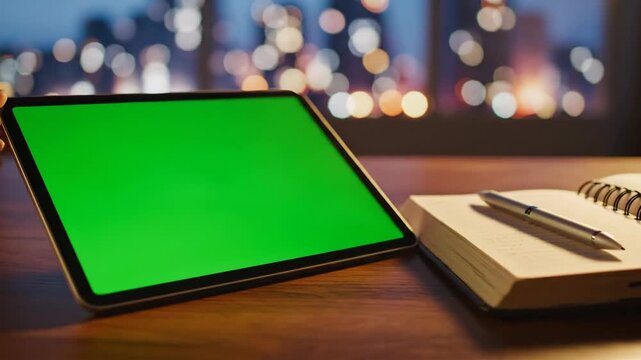 Digital tablet on desk with notebook and pen at night against city bokeh