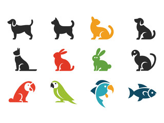 Cute Animal Icons Set &ndash; Dog, Cat, Rabbit, Bird, Fish Color Vector Collection