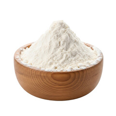A wooden bowl filled with a pile of white powdery flour against a plain background.