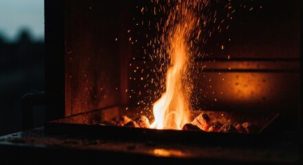 Close-up of flames and embers within a metal structure, specks floating upwards
