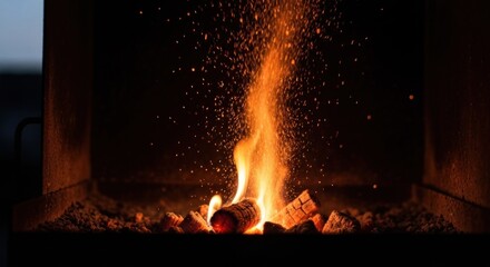 Close-up of glowing flames and embers in a dark fireplace, creating a warm ambiance