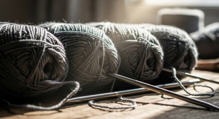 Close-up of grey yarn balls with knitting needles on a wooden surface, sunlight