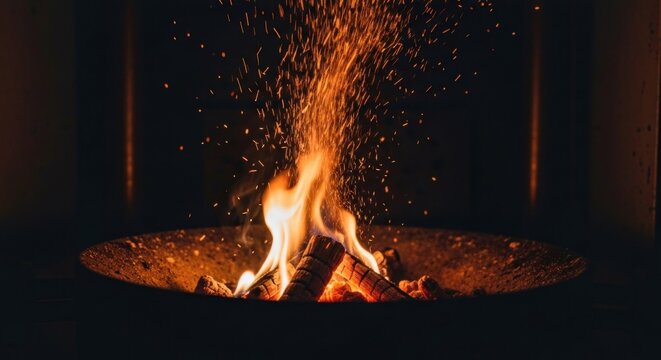 Close-up of flames and sparks rising from burning wood in a metal fire pit, dark setting