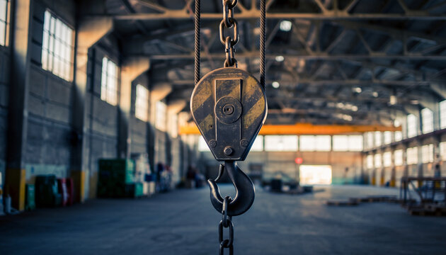 An industrial crane hook hanging inside a spacious warehouse.