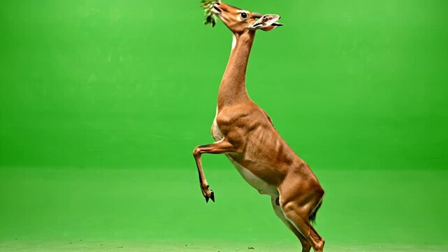 A gerenuk antelope standing on its hind legs to reach and eat leaves against a green screen background, showcasing its unique feeding behavior.
