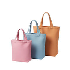 Three colorful tote bags arranged in a row, varying in size and pastel hues.