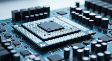 Detailed view of a central processing unit (CPU) on a circuit board, showcasing electronic components