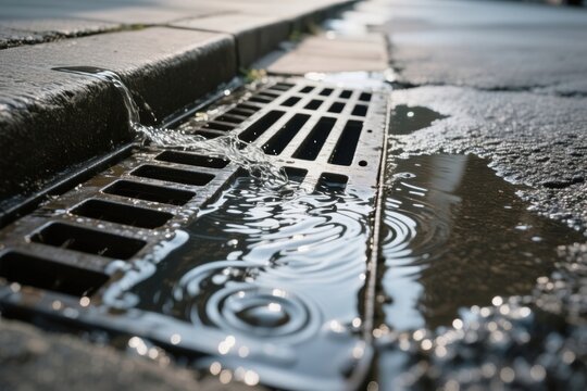 Water flows into drain grate near street curb as flood warning signals need for barrier and sandbag protection to prevent water leak and wall