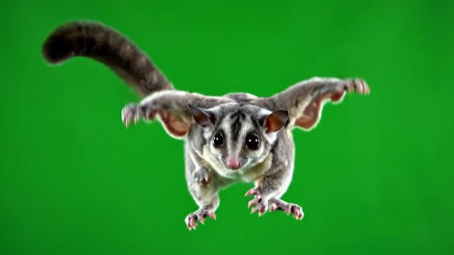 A sugar glider in mid-air with its gliding membrane extended against a vibrant green background, showcasing its unique aerial movement.