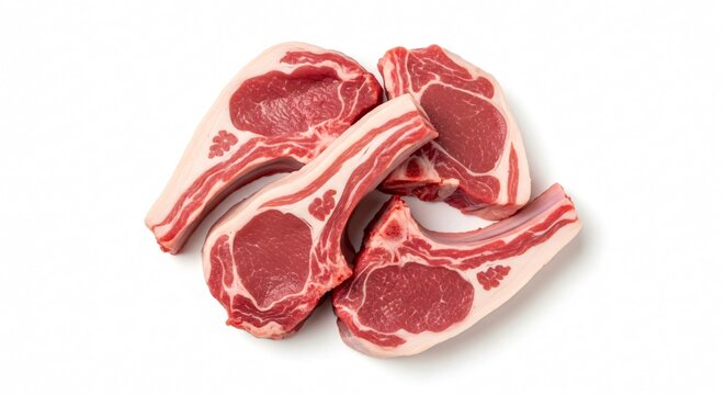 Raw lamb chops with bones on white surface