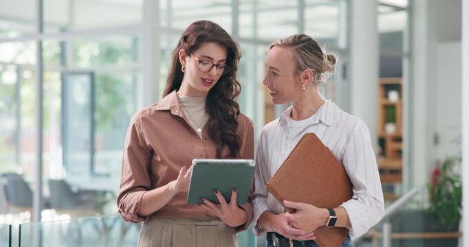 Planning, speaking and women with tablet in creative agency, article pitch and explain feature inspiration. Smile, draft proofreading or manager talk with journalist for teamwork, tech or story idea