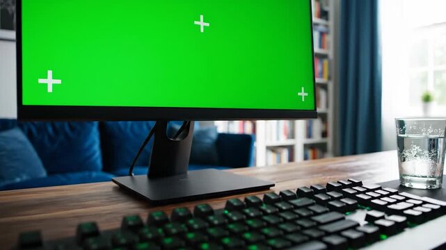 Desktop computer display with chroma key green screen for visual compositing