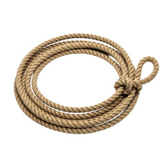 Coiled rope with a knot on a white background, showcasing its texture and detail.
