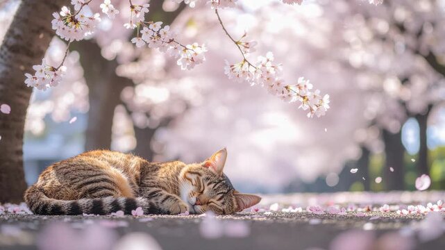 桜の木陰で昼寝する猫の穏やか春ループ動画