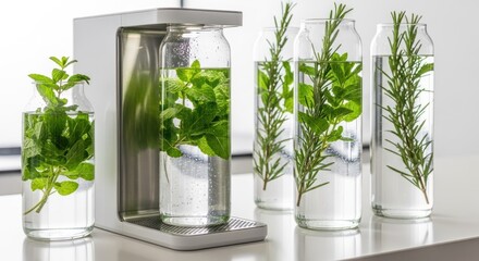 Glass bottles of infused water with herbs, dispenser, white table setting