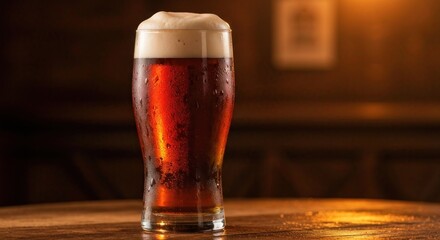 Glass of chilled amber brew with creamy head, resting on a table in a dimly lit bar