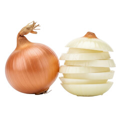 A whole onion and sliced onion on a white background, perfect for culinary use.