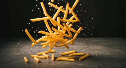 Golden, crispy fried potato slices in mid-air, with salt particles, set against a dark backdrop