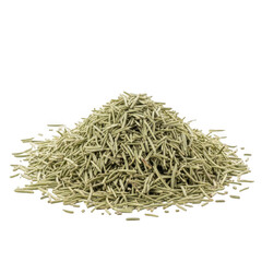 A small pile of dried oregano leaves on a white background.