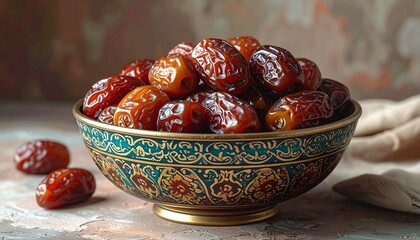 Dates in a decorative bowl, a traditional treat. 