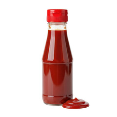 A bottle of red sauce with a red cap and spilled content on a white background.