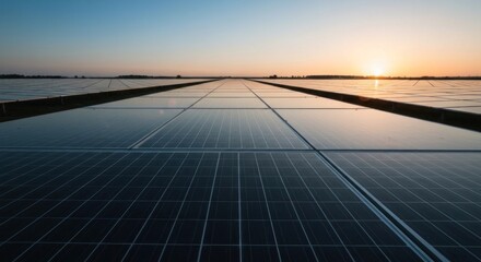 Panoramic view of solar panels stretching toward the horizon at sunset