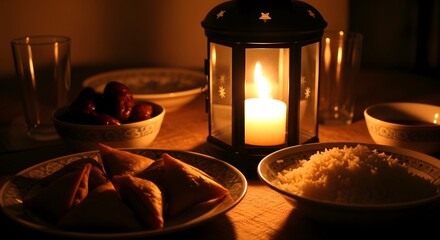 Ramadan eid mubarak celebration with traditional food and lantern © Shefa