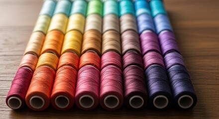 Rows of colorful thread spools in a spectrum, arranged neatly on a wooden surface