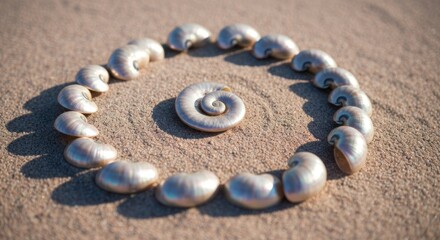 Seashells arranged in a spiral formation on sunlit sand, creating a natural design