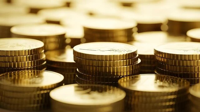 A pile of golden euro coins stacked on a table represents a successful business investment and financial wealth in the modern economy