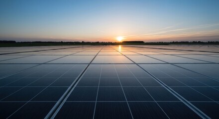 Solar panels reflect sunset colors, generating power in vast fields under an orange sky