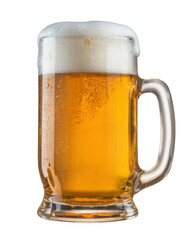 beer mug with frothy head, isolated on white background.