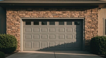 Stone and stucco facade with a closed garage door casting a shadow