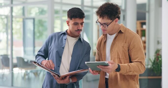 Planning, paperwork and men with tablet in creative agency, article pitch or feature idea inspiration. Talking, draft proofreading or people with teamwork for press story research, journalism or tech